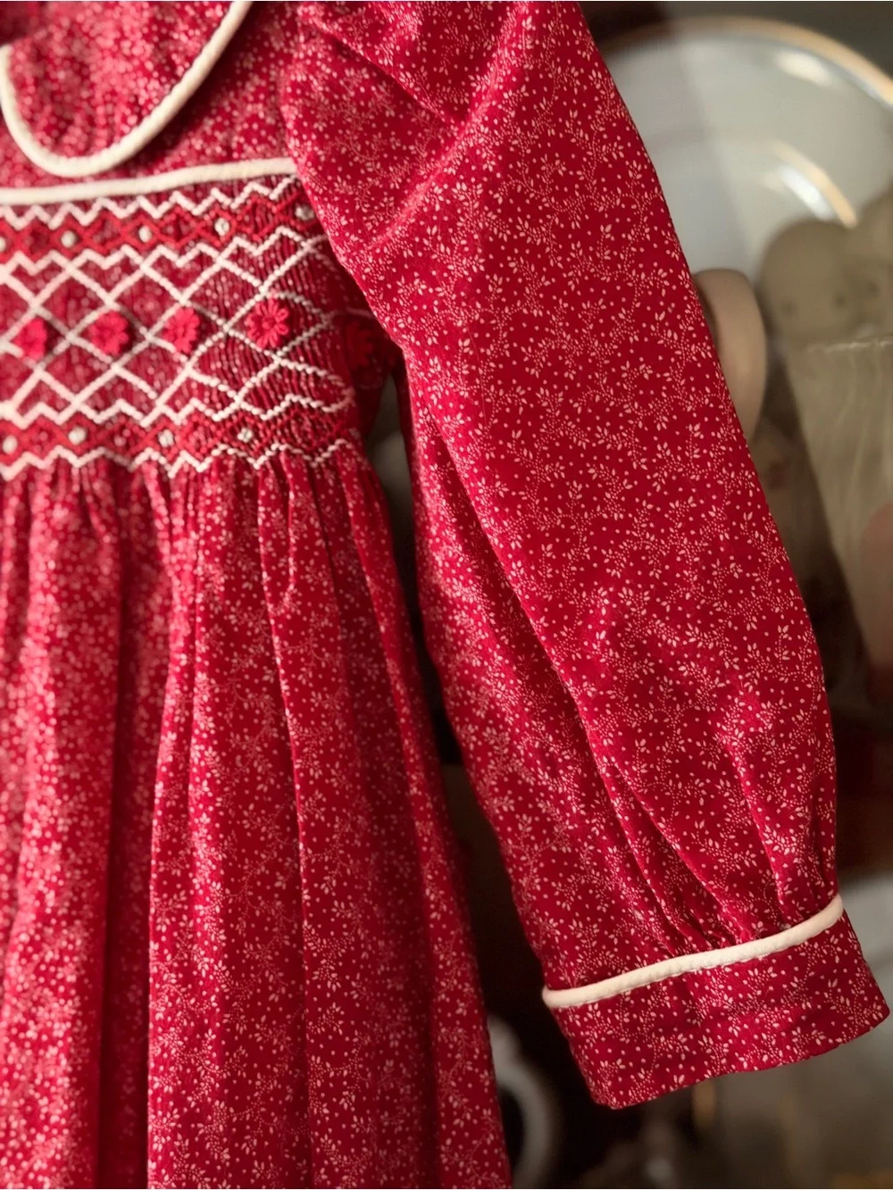 Handmade Red Smocked Peter Pan Collar Girls Dress